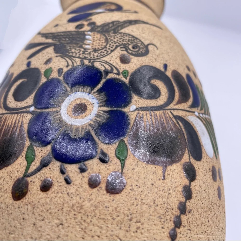 Mexican folk art tonala pottery vase, signed hand painted sandstone